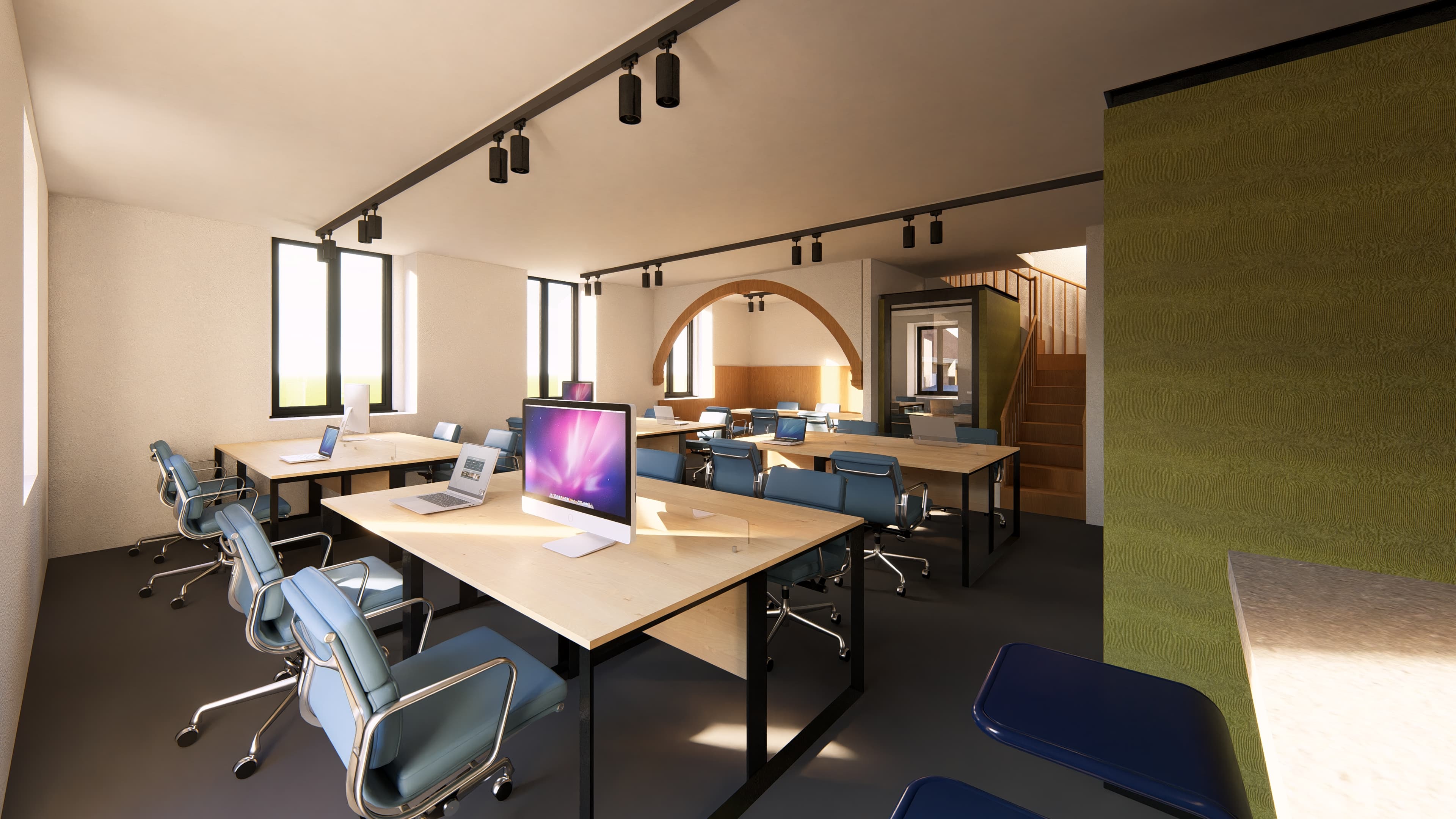 Image of the coworking room of the upcoming Hawkstars building